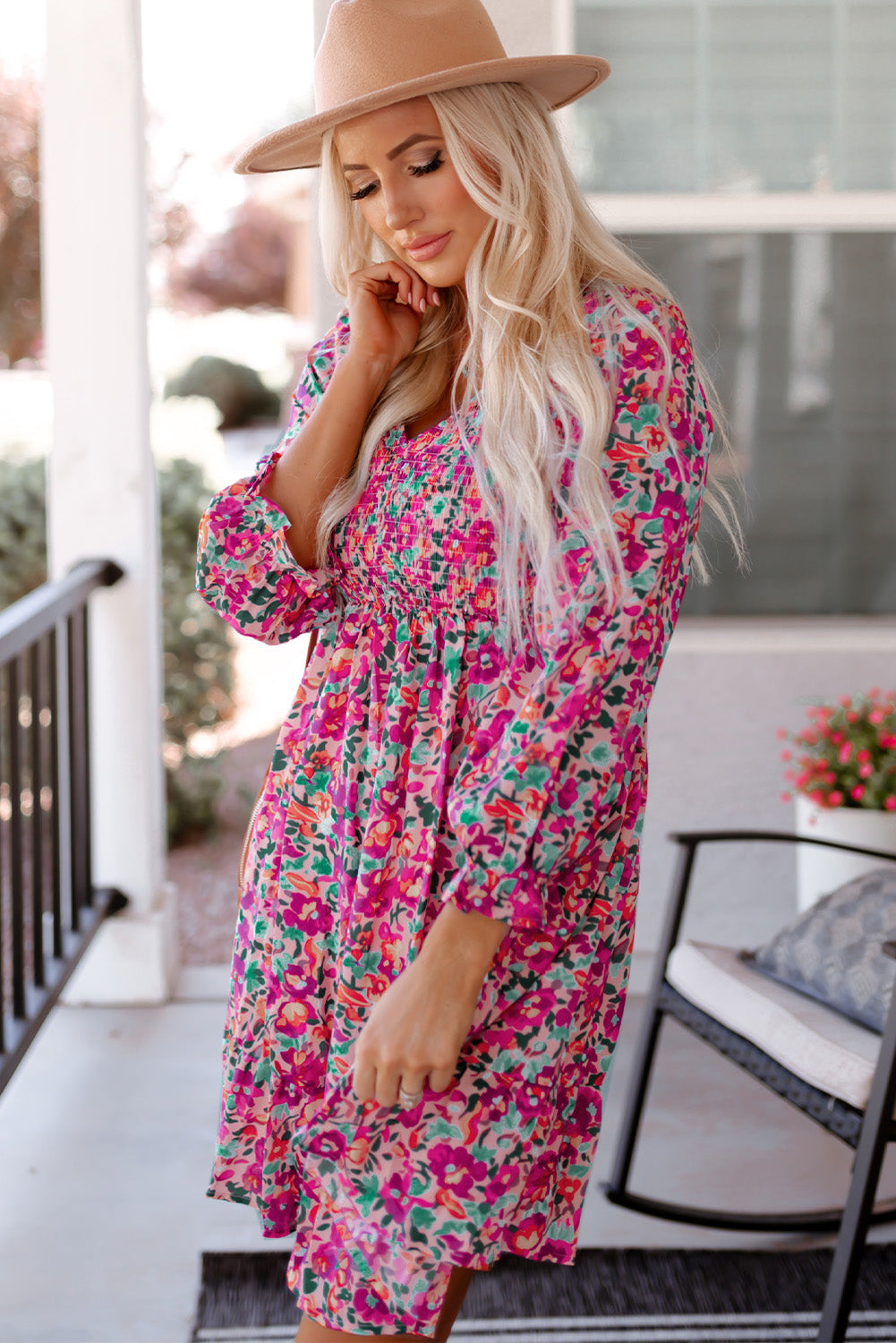 Mikaela Smocked V Neck Puffy Sleeve Floral Dress-2