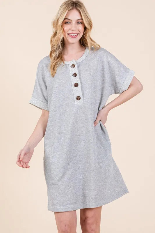 BOMBOM Casual Contrast Trim Henley Dress-4