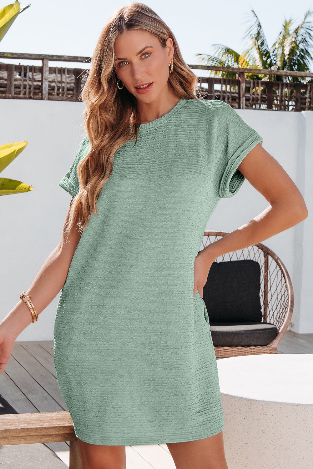 Jolie Textured Crinkle Short Sleeve T-Shirt Dress-0