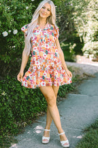 August Floral Print Split Neck Flutter Sleeve Dress-3