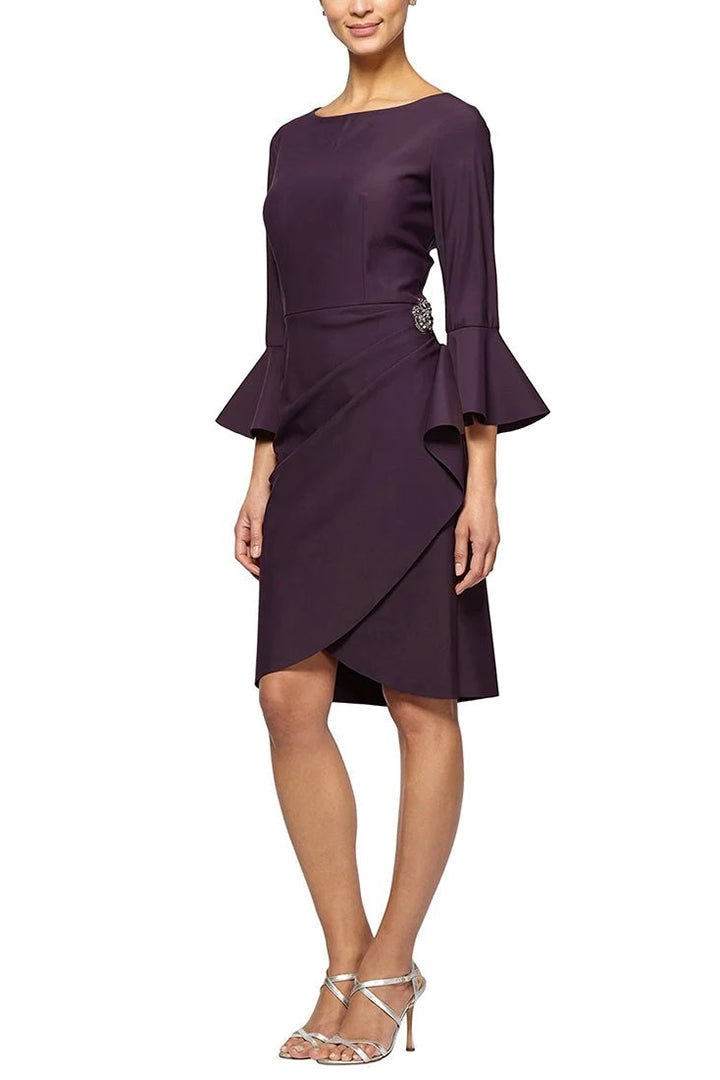 Alex Evenings round neck bell sleeve embellished brooch cascade ruffle side solid scuba crepe dress-0