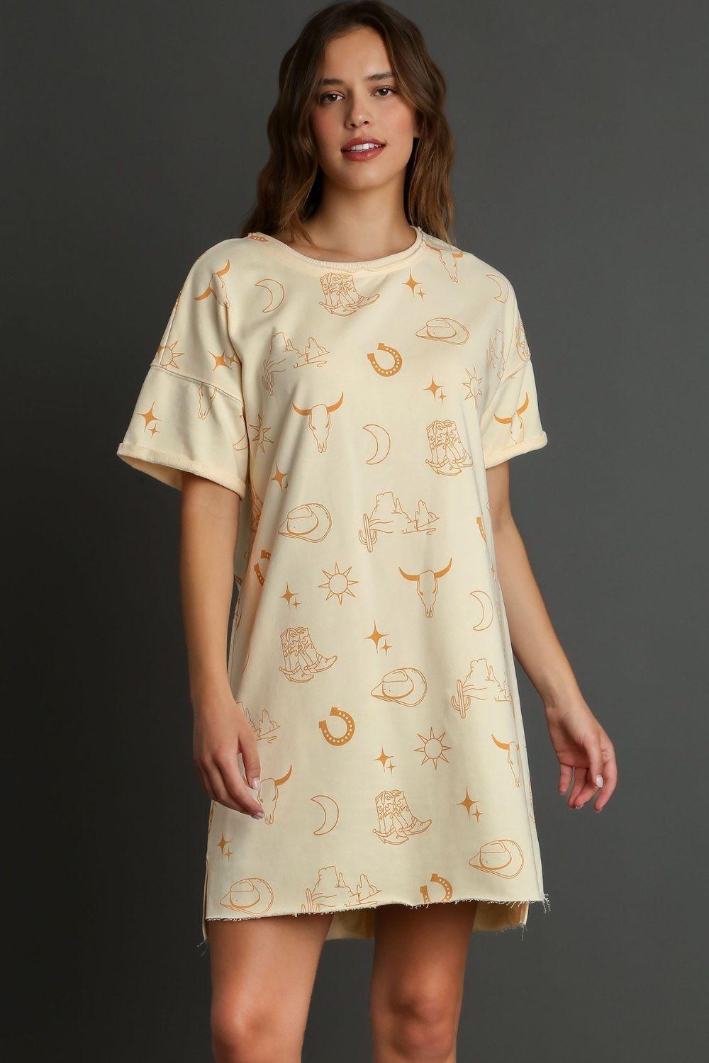 Umgee Full Size French Terry Short Sleeve Round Neck Dress Plus Size-0