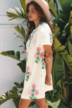 Paloma Floral Short Sleeve Split Neck Loose Mini Dress-2