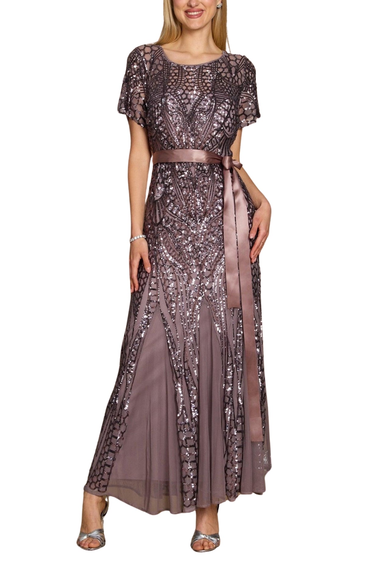 R&M Richards Round Neck Short Sleeves Satin Ribbon Sash Pleated Skirt Straight Hem Maxi Dress-0