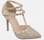 Wild Diva Women Stiletto Heels Pointy Toe Studded Pumps Strap ADORA64 Beige Nude