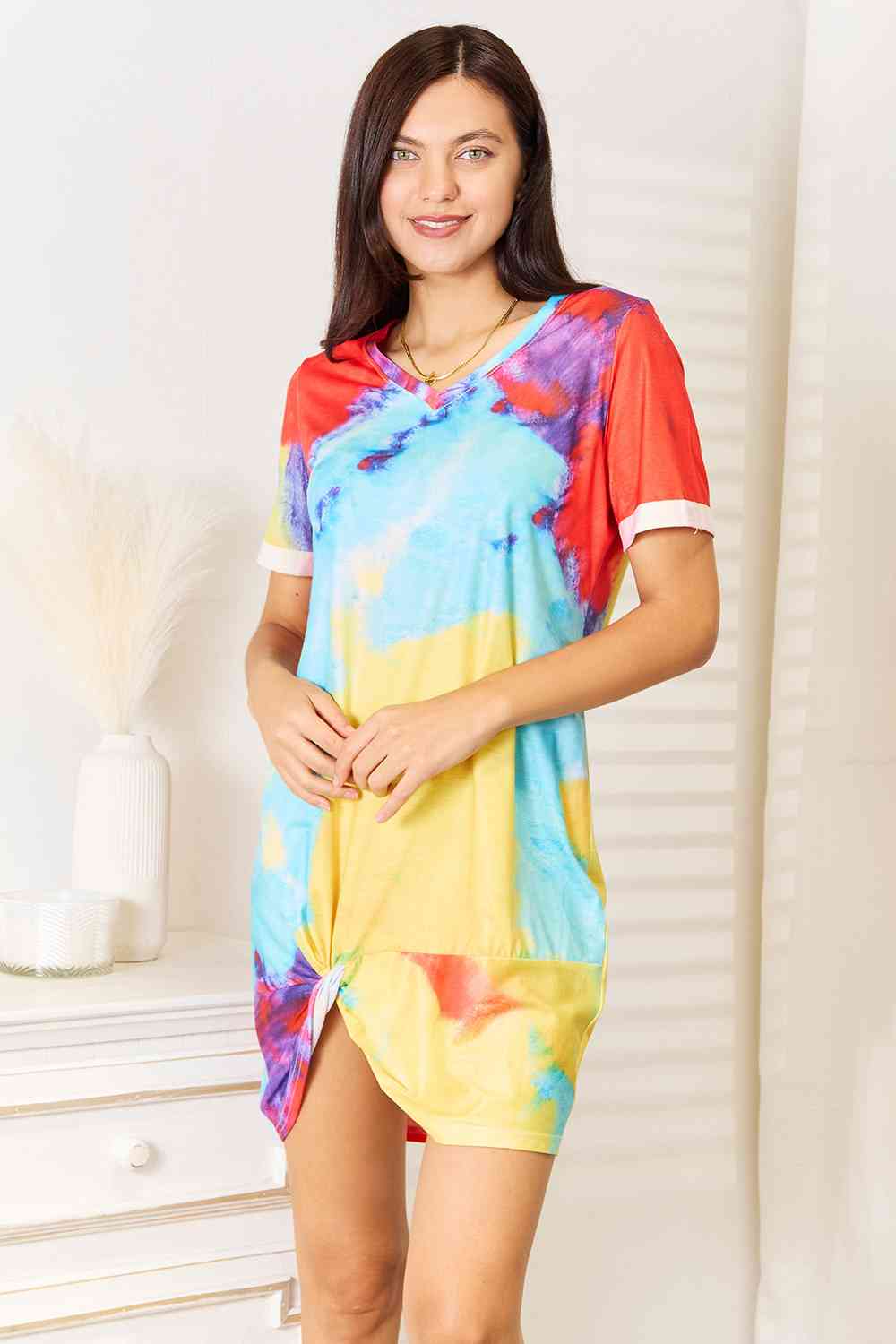 Double Take Tie-Dye V-Neck Twisted Dress-0