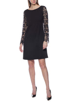 Marina Boat Neck Long Lace Sleeves V-Back Short Crepe Dress-0