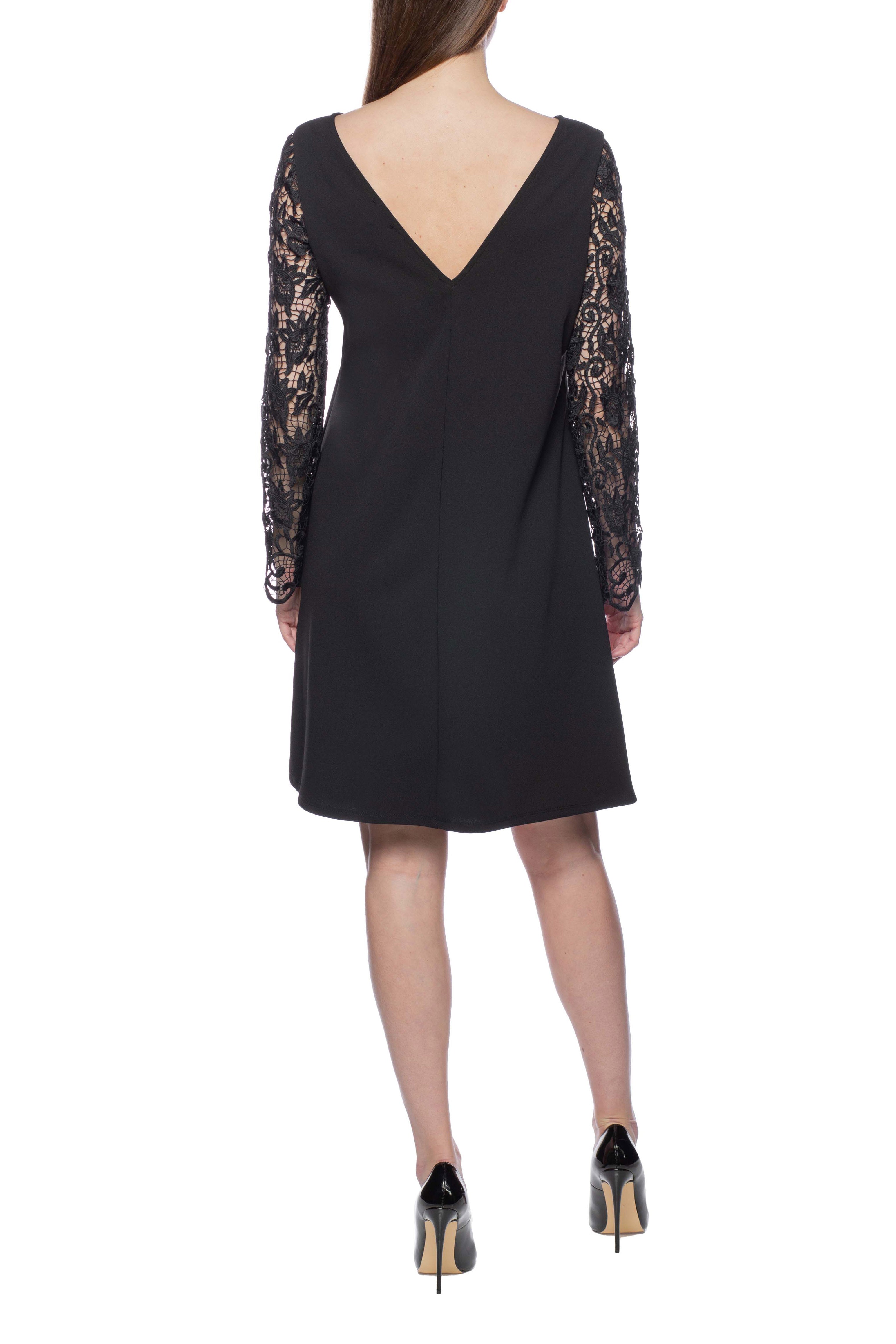 Marina Boat Neck Long Lace Sleeves V-Back Short Crepe Dress-1