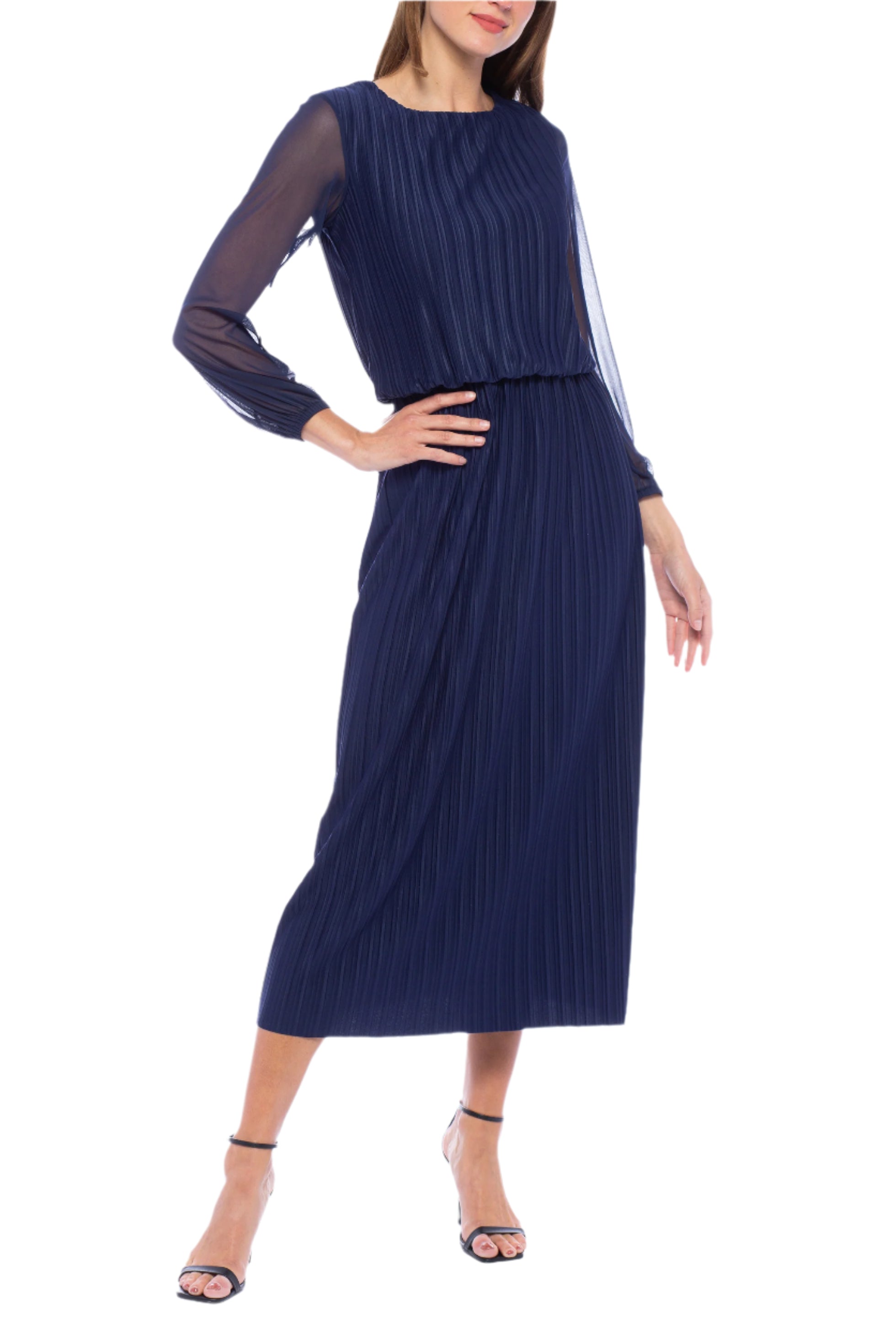 Marina Blouson Scoop Neck Midi Pleated 3/4 Sleeves Column Dress-0