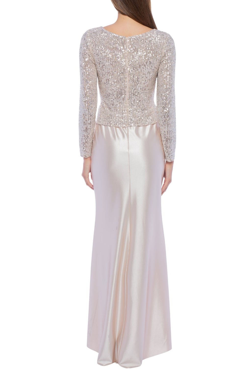 Marina Stretch Satin Long Sleeve V-Neck Satin Skirt Front Twist Detail Sequin Bodice Gown-1