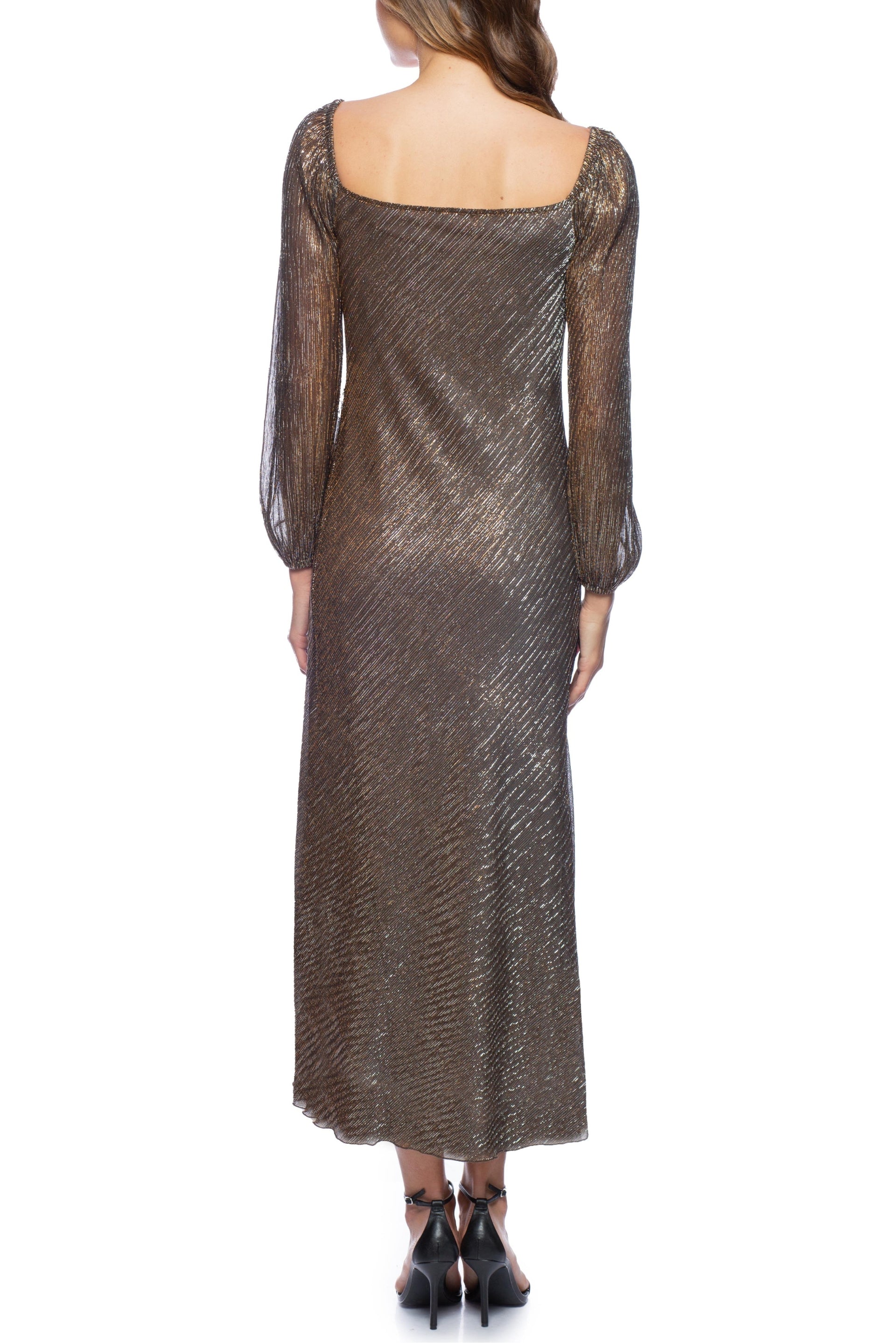 Marina Bronze Metallic Square Cowl Neckline Long Sleeves Elastic Cuffs Dress-1