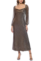Marina Bronze Metallic Square Cowl Neckline Long Sleeves Elastic Cuffs Dress-0