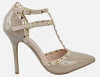 Wild Diva Women Stiletto Heels Pointy Toe Studded Pumps Strap ADORA64 Beige Nude