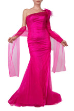 Colors Dress One Shoulder Mesh Long Sleeve and Feathers Mermaid Gown-2
