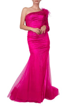Colors Dress One Shoulder Mesh Long Sleeve and Feathers Mermaid Gown-3
