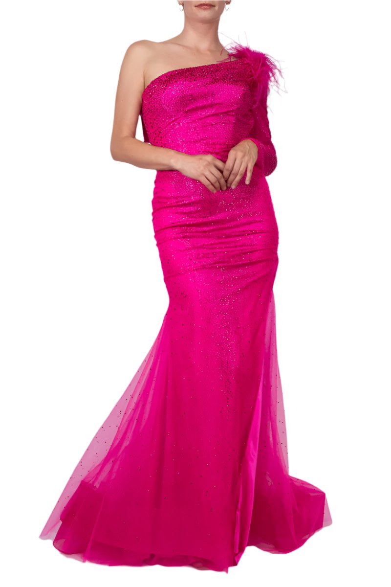 Colors Dress One Shoulder Mesh Long Sleeve and Feathers Mermaid Gown-3