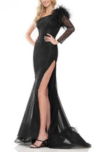 Colors Dress One Shoulder Mesh Long Sleeve and Feathers Mermaid Gown-0