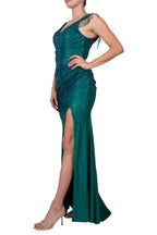Colors Dress Long Crystal Off The Shoulder Fringe Slit Gown-3