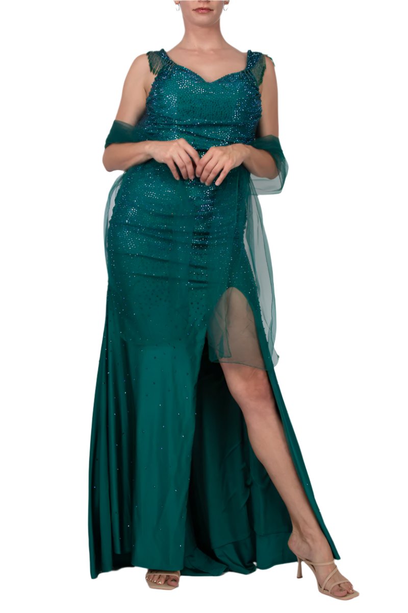 Colors Dress Long Crystal Off The Shoulder Fringe Slit Gown-2