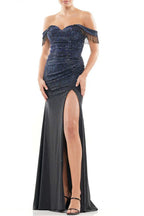 Colors Dress Long Crystal Off The Shoulder Fringe Slit Gown-0