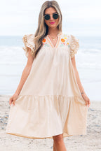 Meredith Embroidery Split Neck Short Dress-0