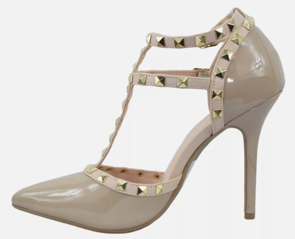 Wild Diva Women Stiletto Heels Pointy Toe Studded Pumps Strap ADORA64 Beige Nude