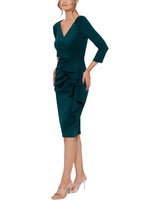 XScape Allie V-Neckline 3/4 Sleeves Back Zipper Side Ruffle Sheath Midi Dress-1