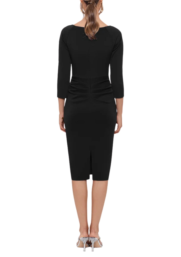 XScape Allie V-Neckline 3/4 Sleeves Back Zipper Side Ruffle Sheath Midi Dress-4