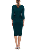 XScape Allie V-Neckline 3/4 Sleeves Back Zipper Side Ruffle Sheath Midi Dress-2