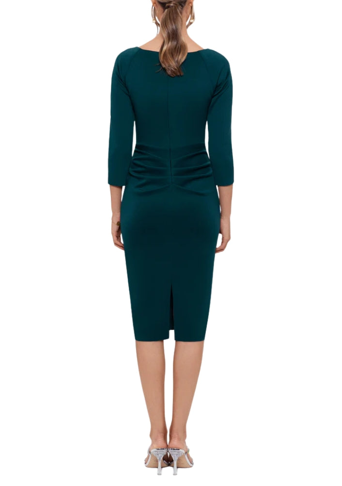 XScape Allie V-Neckline 3/4 Sleeves Back Zipper Side Ruffle Sheath Midi Dress-2