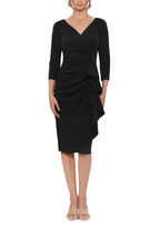 XScape Allie V-Neckline 3/4 Sleeves Back Zipper Side Ruffle Sheath Midi Dress-3