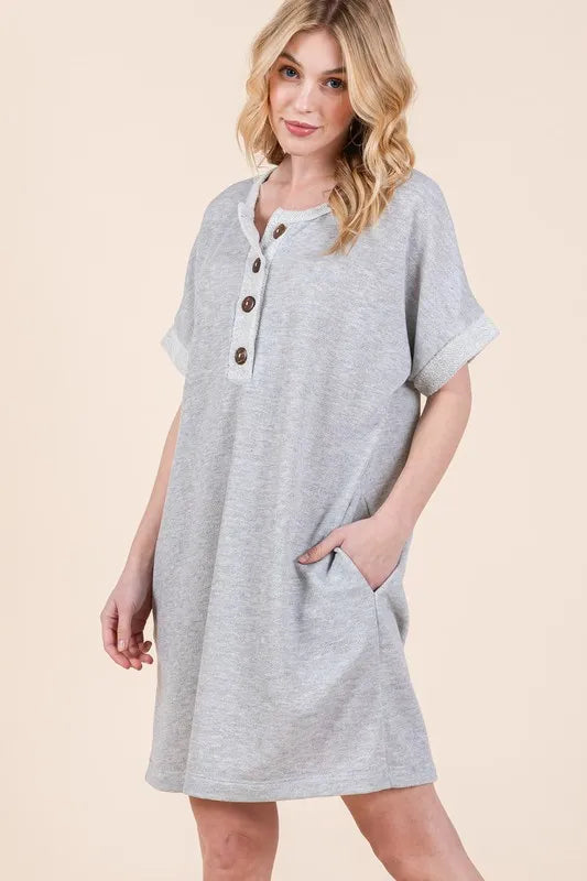 BOMBOM Casual Contrast Trim Henley Dress-3