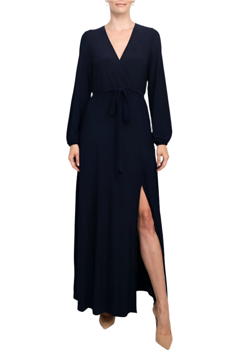 Marina V-Neck Long Sleeve Slit Front Solid Jersey Long Dress-0