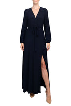 Marina V-Neck Long Sleeve Slit Front Solid Jersey Long Dress-0