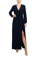 Marina V-Neck Long Sleeve Slit Front Solid Jersey Long Dress-1