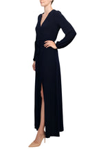 Marina V-Neck Long Sleeve Slit Front Solid Jersey Long Dress-2