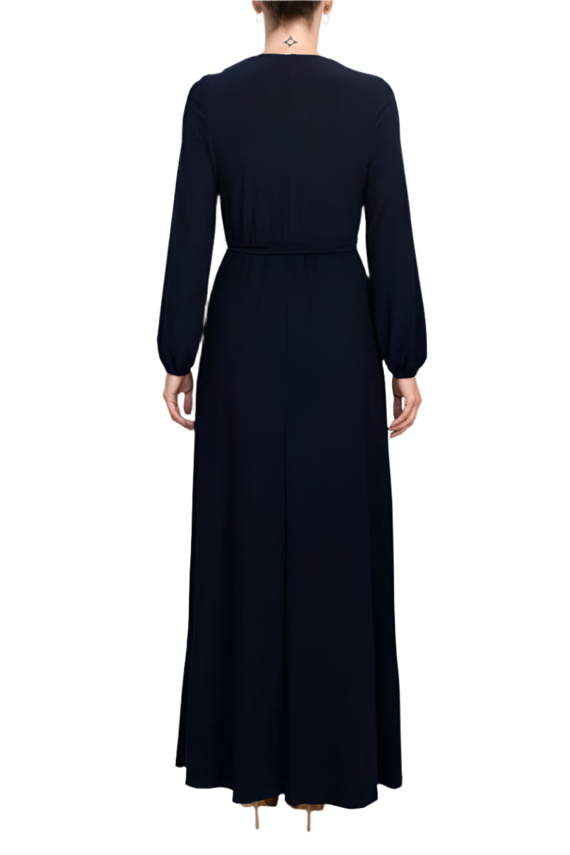 Marina V-Neck Long Sleeve Slit Front Solid Jersey Long Dress-4