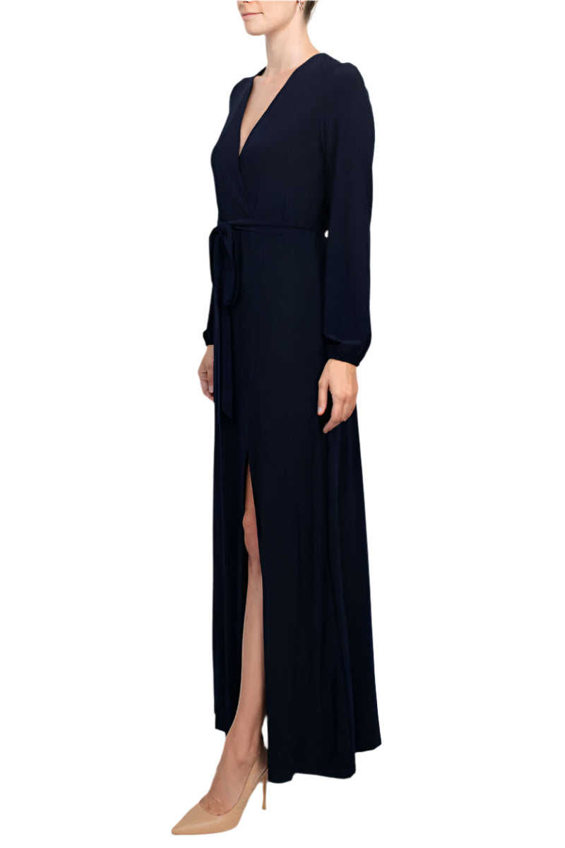 Marina V-Neck Long Sleeve Slit Front Solid Jersey Long Dress-3