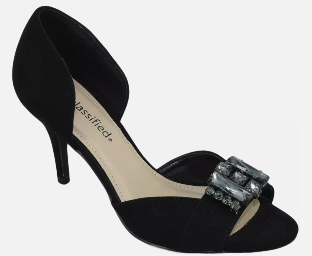 Classified Women Slip On Heels Open Toe Pumps Black Suede Rhinestone POLAR 10
