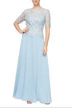 Alex Evening Embroidered Illusion Boat Neck Short Sleeve Zipper Back Chiffon Gown-0