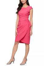 Alex Evenings Square Neckline Cap Sleeves Asymmetric Overlapping Skirt Sheath Dress-0
