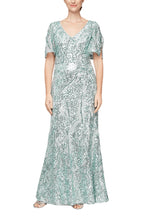 Alex Evenings V-Neck Cold Shoulder Short Flutter Sleeves V-Back Zipper Closure Shimmering Sequin Floor Length Silhouette Gown Dress-2