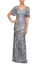 Alex Evenings V-Neck Cold Shoulder Short Flutter Sleeves V-Back Zipper Closure Shimmering Sequin Floor Length Silhouette Gown Dress-0