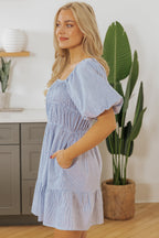 Monica Stripe Bubble Sleeve Ruched Pocketed Babydoll Dress-2