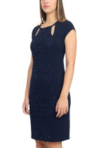 SL Fashion Cutout Crew Neck Cap Sleeve Sheath Zipper Back Lace Panel Crepe Dress-2