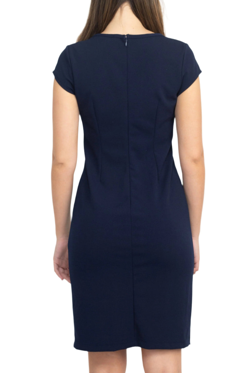 SL Fashion Cutout Crew Neck Cap Sleeve Sheath Zipper Back Lace Panel Crepe Dress-3