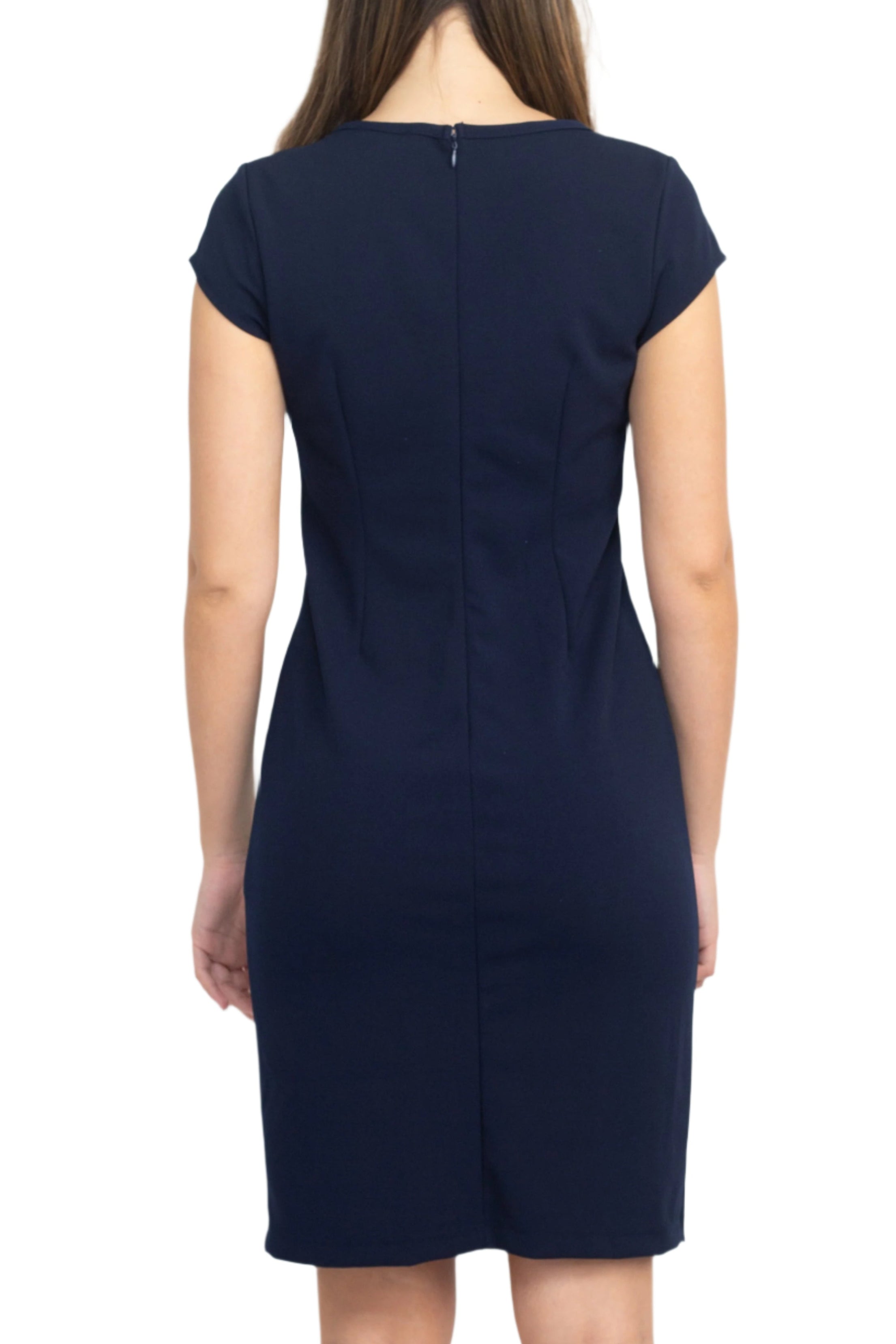 SL Fashion Cutout Crew Neck Cap Sleeve Sheath Zipper Back Lace Panel Crepe Dress-3