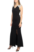 SL Fashion V-Neck Sequined Shoulder Sleeveless Slit Front Zipper Back Dress-1
