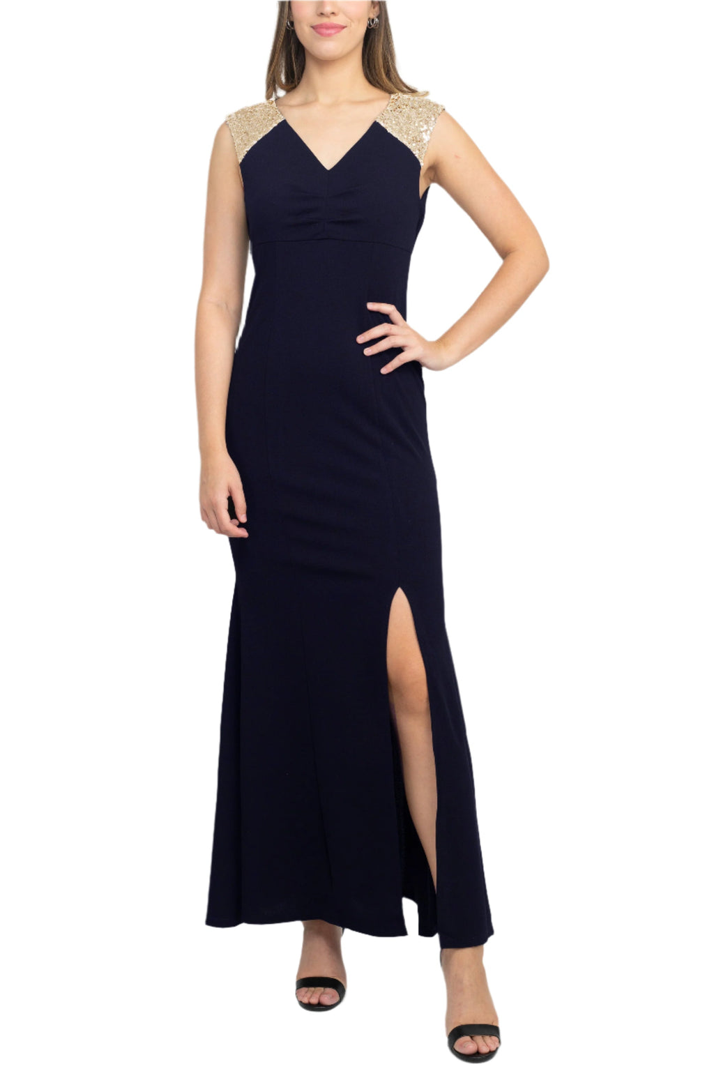 SL Fashion V-Neck Sequined Shoulder Sleeveless Slit Front Zipper Back Dress-4