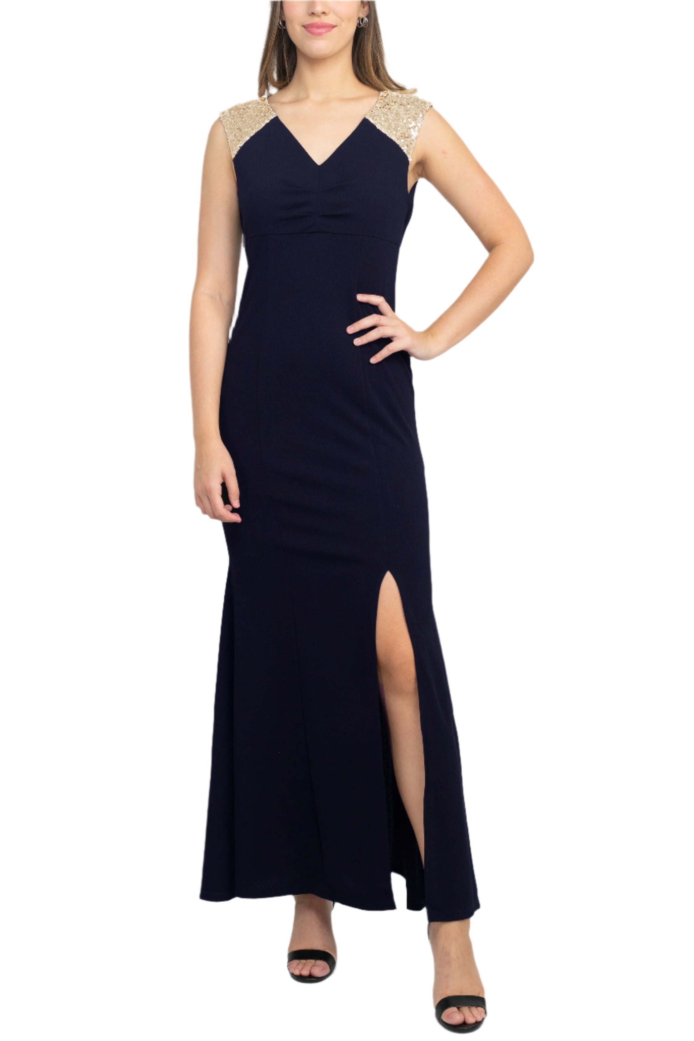 SL Fashion V-Neck Sequined Shoulder Sleeveless Slit Front Zipper Back Dress-4